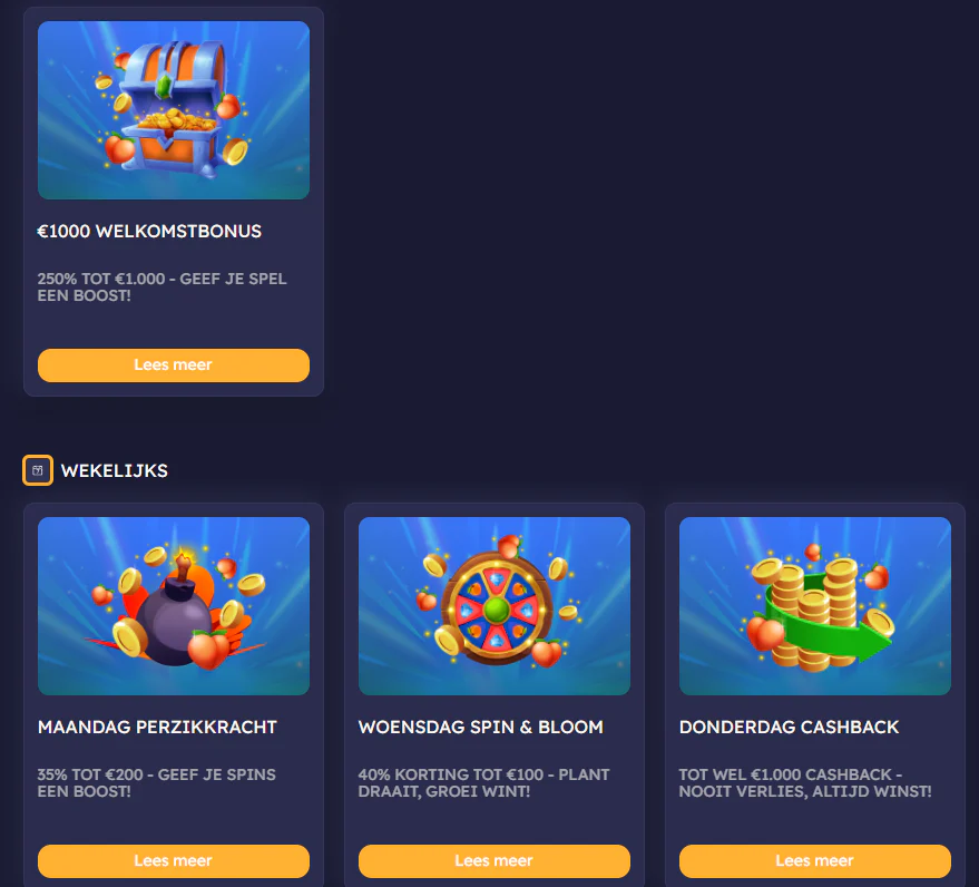 Welkomstbonussen voor nieuwe spelers bij Casino Peaches